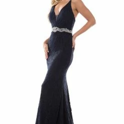 Nina Canacci 2295 Plunging Neckline Lace Prom Dress Embellished Belt