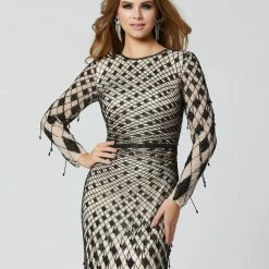 Discontinued Primavera Couture 3369 Diamond Beaded Evening Gown Long Sleeves Sheer Back Long Sleeve Dresses