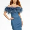 Ashleylauren Ashley Lauren 4481 Blue Feather Cocktail Dress Stretch Denim Off The Shoulder Short Dress