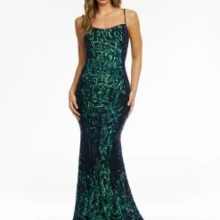 Ashleylauren Ashley Lauren 11114 Spaghetti Strap Stretch Sequin Gown With Lace Up Back Mermaid Dresses