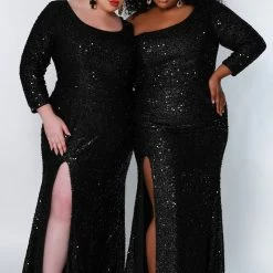 In Stock Sydney's Closet SC7319 Size 28 One Long Sleeve Prom Dress Fitted Plus Sized With Slit SC 7319 Long Sleeve Dresses
