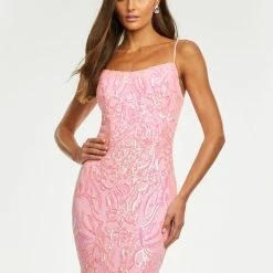 Ashleylauren Ashley Lauren 11114 Spaghetti Strap Stretch Sequin Gown With Lace Up Back Mermaid Dresses