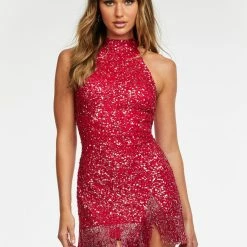 Ashleylauren Ashley Lauren 4483 Fully Beaded Cocktail Dress With Fringe Trim High Neckline
