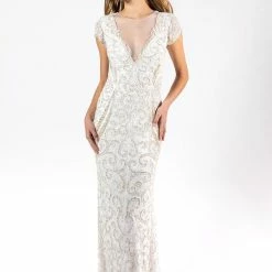 Discontinued Long Sleeve Dresses Primavera Couture 3190 Nude Beaded Evening Gown