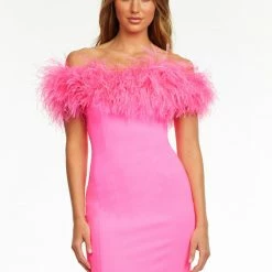 Ashleylauren Ashley Lauren 4490 Fitted Scuba Cocktail Dress With Feather Detail Knee Length