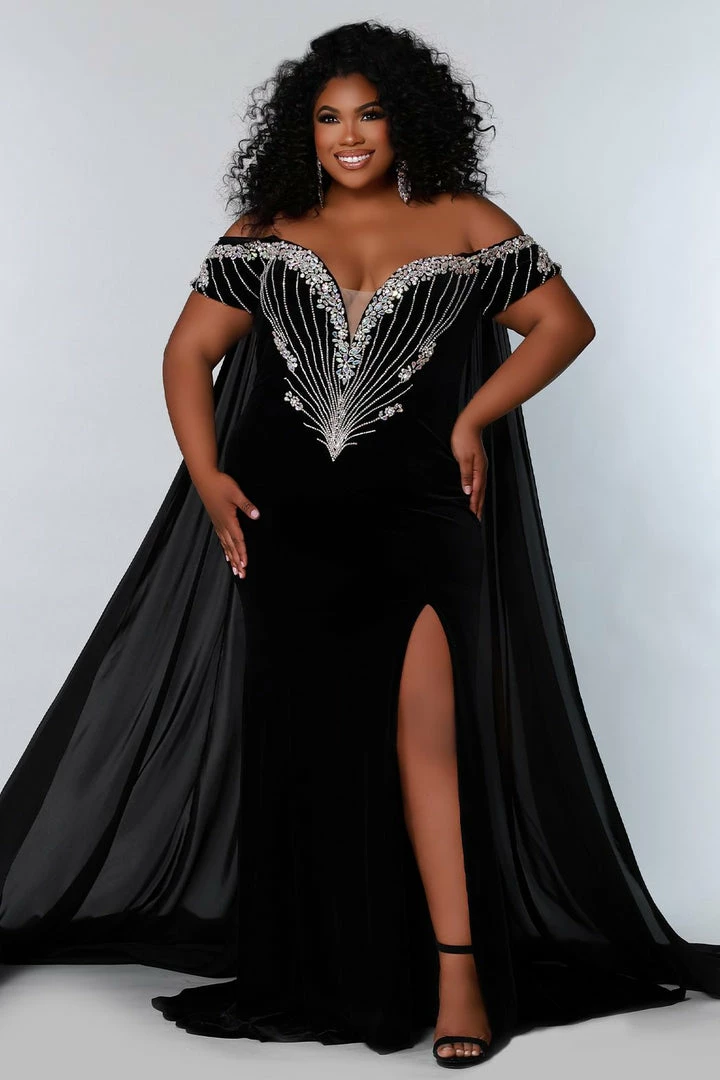 JK2202 Stretch Velvet Plus Sized Pageant Gown Plunging Neckline Side Slit Cape Prom Dress Sydney's Closet By Johnathan Kayne JK 2202 3 JK2202 Stretch Velvet Plus Sized Pageant Gown Plunging Neckline Side Slit Cape Prom Dress Sydney's Closet By Johnathan Kayne JK 2202