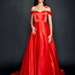 Nina Canacci 5214 Long Satin Off The Shoulder Ballgown Prom Dress Pageant Gown Pockets