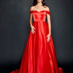 In Stock Nina Canacci 5214 Size 12,14,16,20 Long Satin Off The Shoulder Ballgown Prom Dress Pageant Gown Pockets Ballgown Dresses
