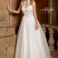 In Stock Ballgown Dresses Adagio Bridal W 9312 Size 12, 18 Sheer Bodice Crystal Wedding Dress High Neck Ballgown
