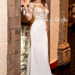 In Stock Adagio Bridal W9316 White Size 4 Fitted Lace And Matte Satin Bridal Gown Long Sleeve Dresses