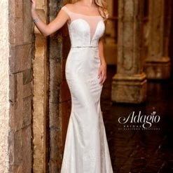 In Stock Backless Dresses Adagio Bridal W9317 Size 4 Ivory Sheer Off The Shoulder Straps Bridal Gown