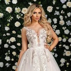 Adagio Bridal W9320 Long Wedding Dress Tulle Ballgown Applique Plunging Neckline 9320 Ballgown Dresses