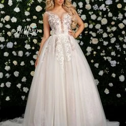 Adagio Bridal W9320 Long Wedding Dress Tulle Ballgown Applique Plunging Neckline 9320 Ballgown Dresses