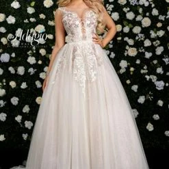Adagio Bridal W9320 Long Wedding Dress Tulle Ballgown Applique Plunging Neckline 9320 Ballgown Dresses