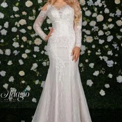 Mermaid Dresses Adagio Bridal W9331 Cold Shoulder Fitted Mermaid Wedding Gown Long Sleeves Lace 9331