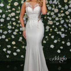 Discontinued Adagio Bridal W 9337 Sheer Lace Back Jersey Wedding Gown