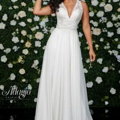 In Stock Adagio Bridal W9342 Size 8 White Applique Lace Chiffon Wedding Gown Backless 9342 Backless Dresses