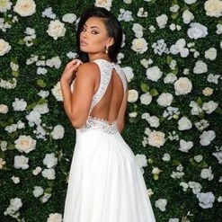 Adagio Bridal W9342 Applique Lace Chiffon A Line Wedding Gown Flowy Destination 9342 Backless Dresses