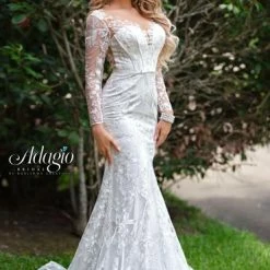 Discontinued Adagio Bridal W 9344 Long Sheer Lace Sleeves Fitted Lace Wedding Gown