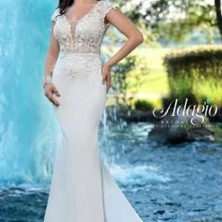Adagio Bridal W9369 Lace Cap Sleeve Fitted Crepe Wedding Dress Bridal Gown V Back 9369
