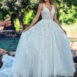 Adagio Bridal W9371 Beaded Tulle A Line Wedding Dress Bridal Ball Gown V Neckline Lace 9371 Ballgown Dresses