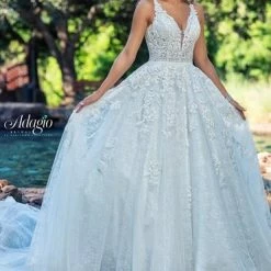Adagio Bridal W9371 Beaded Tulle A Line Wedding Dress Bridal Ball Gown V Neckline Lace 9371 Ballgown Dresses