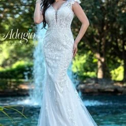 Mermaid Dresses Adagio Bridal W9376 Sequin Applique Tulle Wedding Dress Bridal Gown Cap Sleeves 9376
