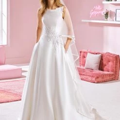 White One Bridal White One WHITNEY Bridal Pronovias Wedding Dress Satin A Line Pockets Bateau Top