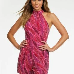 Ashleylauren Ashley Lauren 4489 Halter Beaded Romper Jumpsuits & Rompers