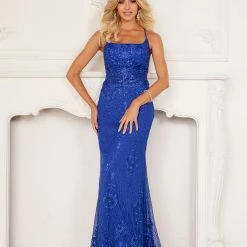 Lucci Lu 1191 Long Fitted Lace Prom Dress Scoop Neck Formal Gown Halter