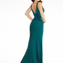 In Stock Abby Paris 90116 Size 8 Long Fitted V Neck Prom Dress Slit Embellished Formal Gown