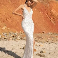 In Stock Primavera Couture 3636 Size 00 Long Fitted Beaded Prom Dress V Neck Slit Formal Pageant