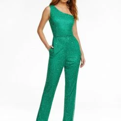 Ashleylauren Ashley Lauren 11158 One Shoulder Beaded Jumpsuit With Lace Up Back Corset Dresses
