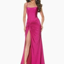 In Stock Corset Dresses Ashley Lauren 11040 Sz 2 Royal Lace Up Back Prom Dress With Twist Knot Detail And Slit