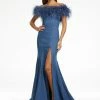 Ashleylauren Ashley Lauren 11122 Stretch Denim Prom Dress Evening Gown With Feather Detail Neckline 2 Ashleylauren Ashley Lauren 11122 Stretch Denim Prom Dress Evening Gown With Feather Detail Neckline