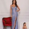 Dave & Johnny 10582 Long Fitted Sequin V Neck Prom Dress Slit Ice Blue Backless Dresses