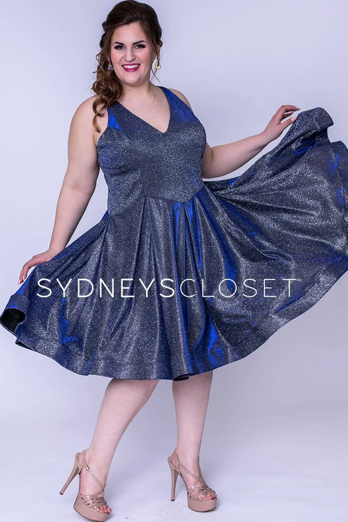 In Stock Sydney's Closet 8100 Sz 14 Cobalt V Neckline Holographic Short Formal Cocktail Dress Plus Sized 17 In Stock Sydney's Closet 8100 Sz 14 Cobalt V Neckline Holographic Short Formal Cocktail Dress Plus Sized