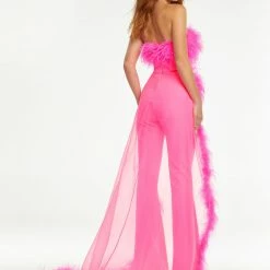 Ashleylauren Jumpsuits & Rompers Ashley Lauren 11133 Strapless Scuba Jumpsuit With Feather Trimmed Overskirt