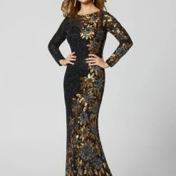 Discontinued Primavera Couture 3371 Floral Sunflower Beading Long Sleeve Evening Gown Long Sleeve Dresses