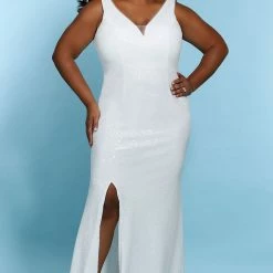 Sydney's Closet SC5248 Fitted Sequins Long Wedding Dress Plus Sized V Neckline SC 5428 Diana