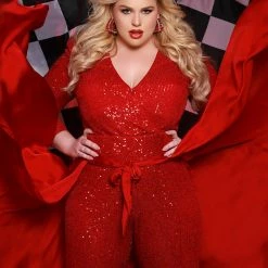 Sequin Dresses Johnathan Kayne For Sydney's Closet JK2220 Jumpsuit Sequins Long Sleeves With Overskirt JK 2220