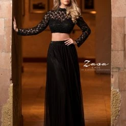 In Stock Long Sleeve Dresses Zasa Chic 2079 Size 4 Black Prom Dress Long Sleeve Sheer Beaded Lace Two Piece Dress Formal