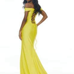 In Stock Ashley Lauren 11031 Size 2 Yellow Off The Shoulder Jersey Prom Dress Pageant Gown Side Slit