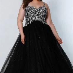 In Stock Ballgown Dresses Sydney's Closet SC7329 Size 14 Glitter And Lace Prom Dress Ball Gown Plus Sized SC 7329