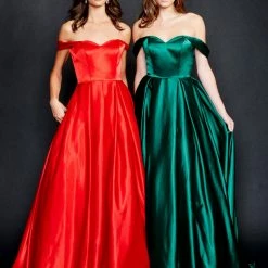 In Stock Nina Canacci 5214 Size 12,14,16,20 Long Satin Off The Shoulder Ballgown Prom Dress Pageant Gown Pockets Ballgown Dresses