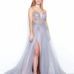 Andrea & Leo Couture Andrea & Leo OPHELIA A0672 Long Shimmer Maxi Slit Sheer Formal Dress A Line Beaded Ballgown Dresses