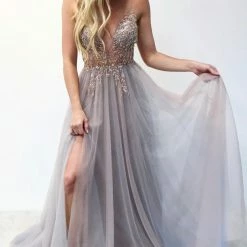Andrea & Leo Couture Andrea & Leo OPHELIA A0672 Long Shimmer Maxi Slit Sheer Formal Dress A Line Beaded Ballgown Dresses