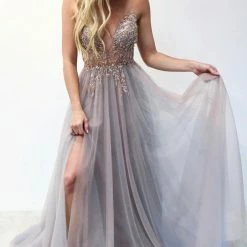 In Stock Ballgown Dresses Andrea & Leo OPHELIA A0672 Size 10 Long Shimmer Maxi Slit Sheer Formal Dress A Line Beaded