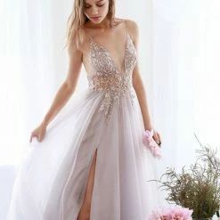 In Stock Ballgown Dresses Andrea & Leo OPHELIA A0672 Size 10 Long Shimmer Maxi Slit Sheer Formal Dress A Line Beaded