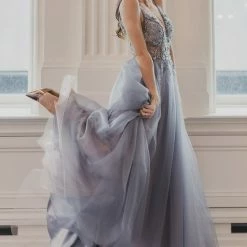 Andrea & Leo Couture Andrea & Leo OPHELIA A0672 Long Shimmer Maxi Slit Sheer Formal Dress A Line Beaded Ballgown Dresses